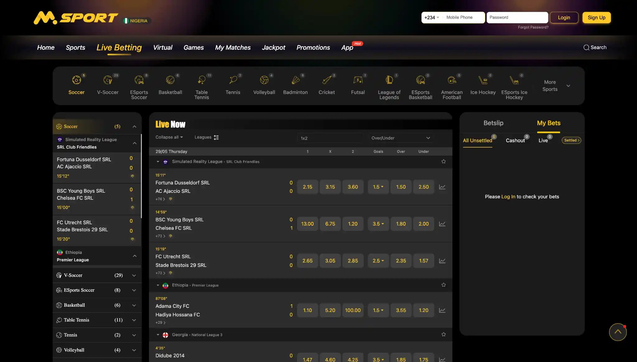 MSport Nigeria live betting interface displaying real-time odds and match progress.